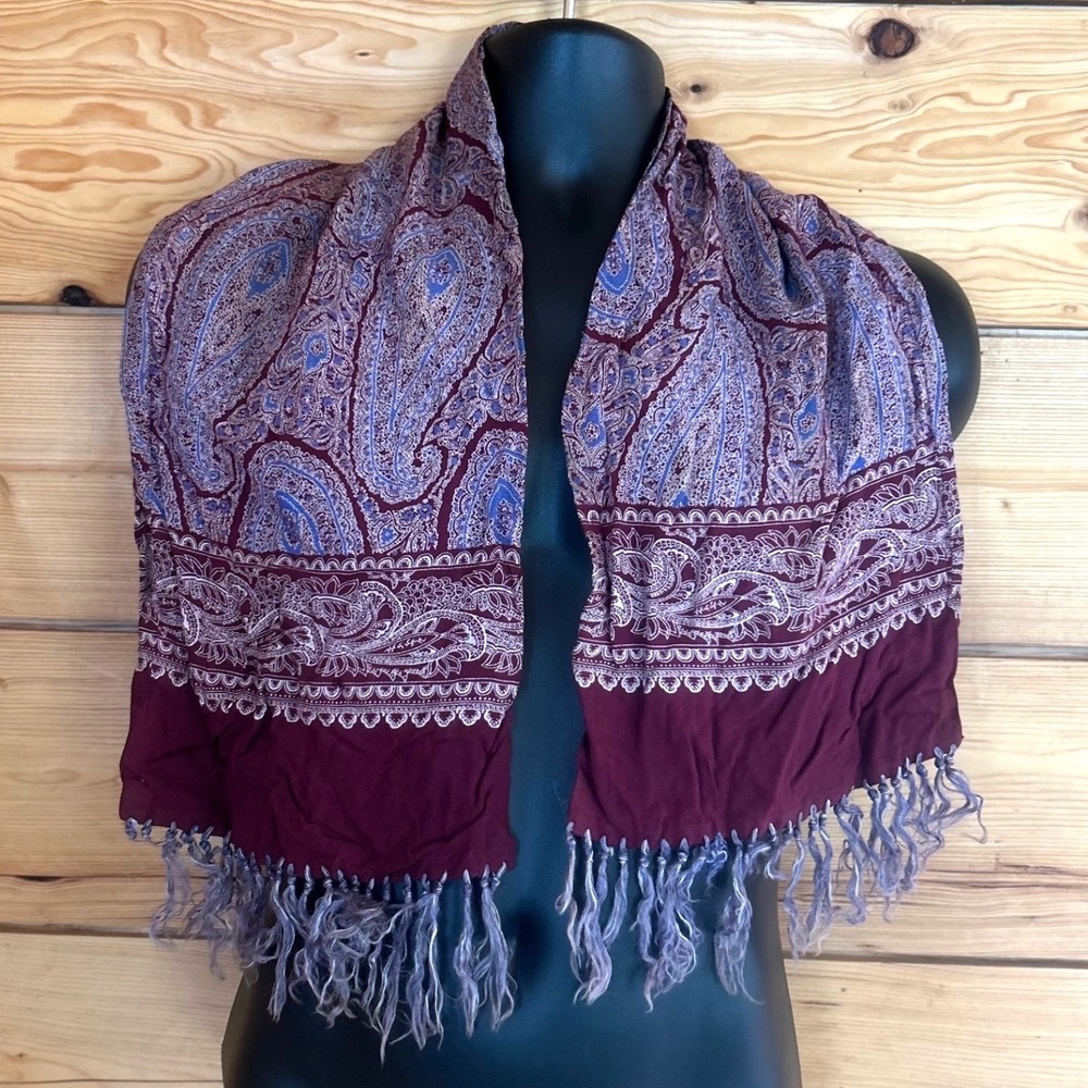 Vintage Silk Paisley Scarf‎ Burgundy Blue Fringe Formal Mobsters Old Money Regal